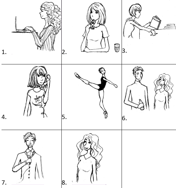People completing various tasks: 1. working on a computer 2. eating pizza 3. studying 4. talking on the phone 5. ballet 6. talking with a friend 7. singing 8. watching