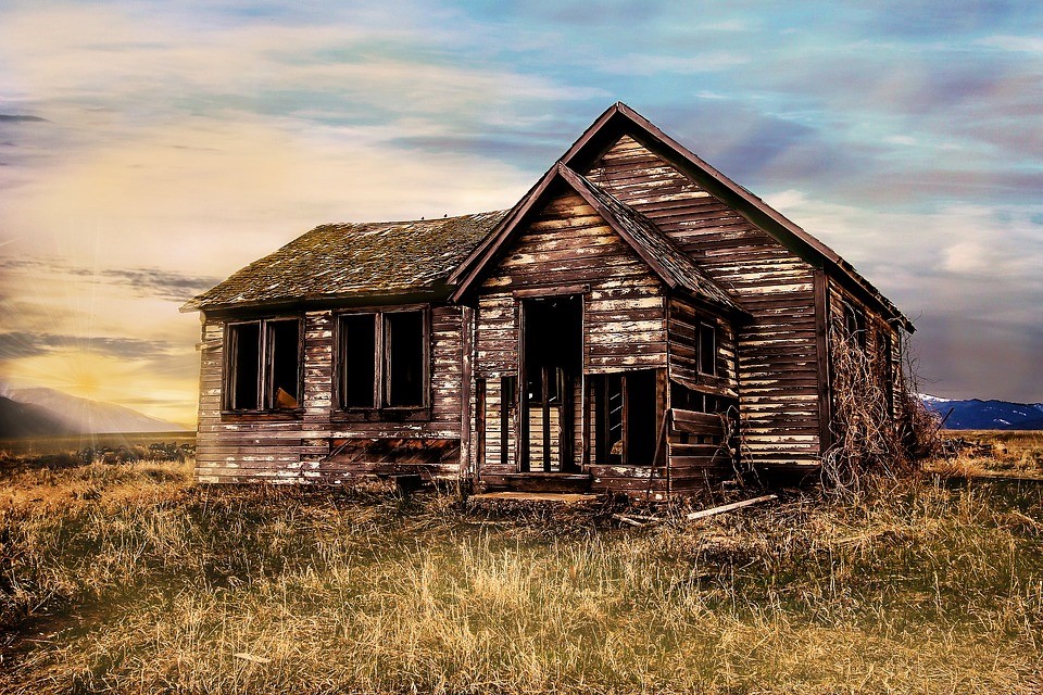 derelict house in a field