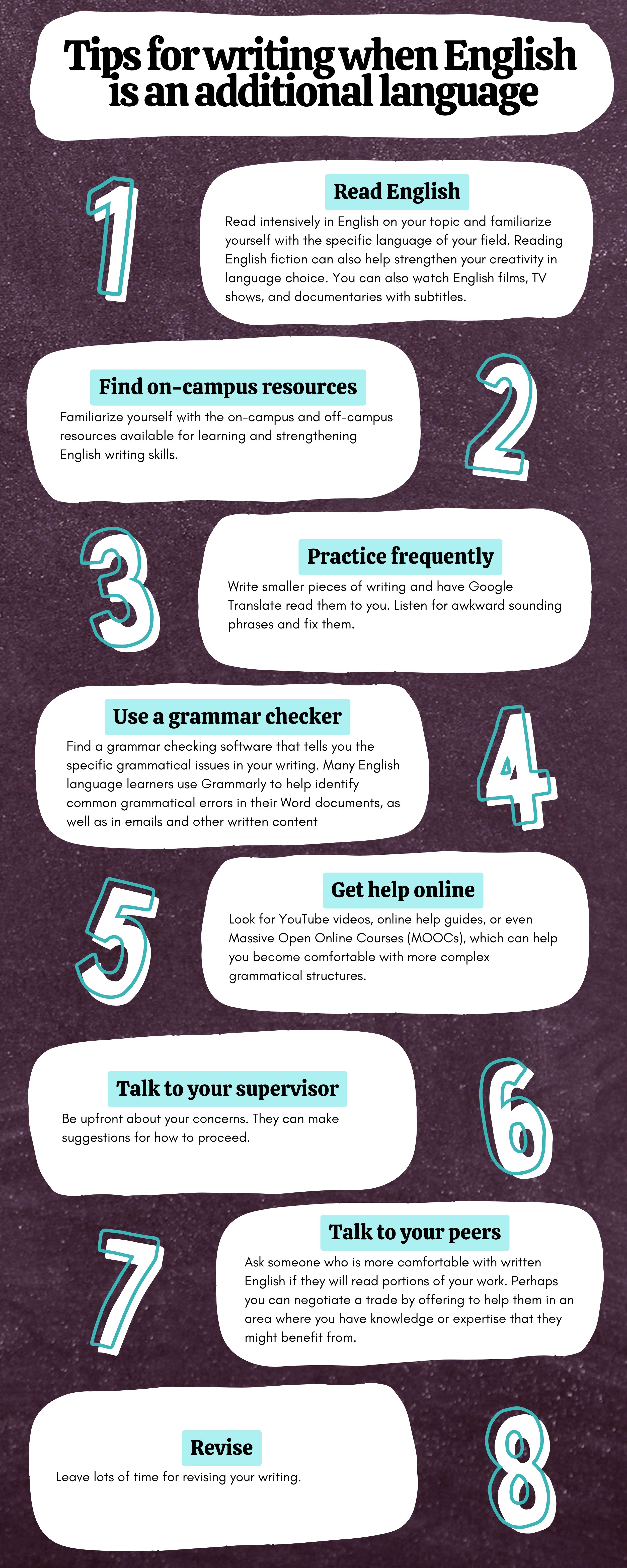 Poster highlighting eight suggestions for writing when English is an additional language with text description below.