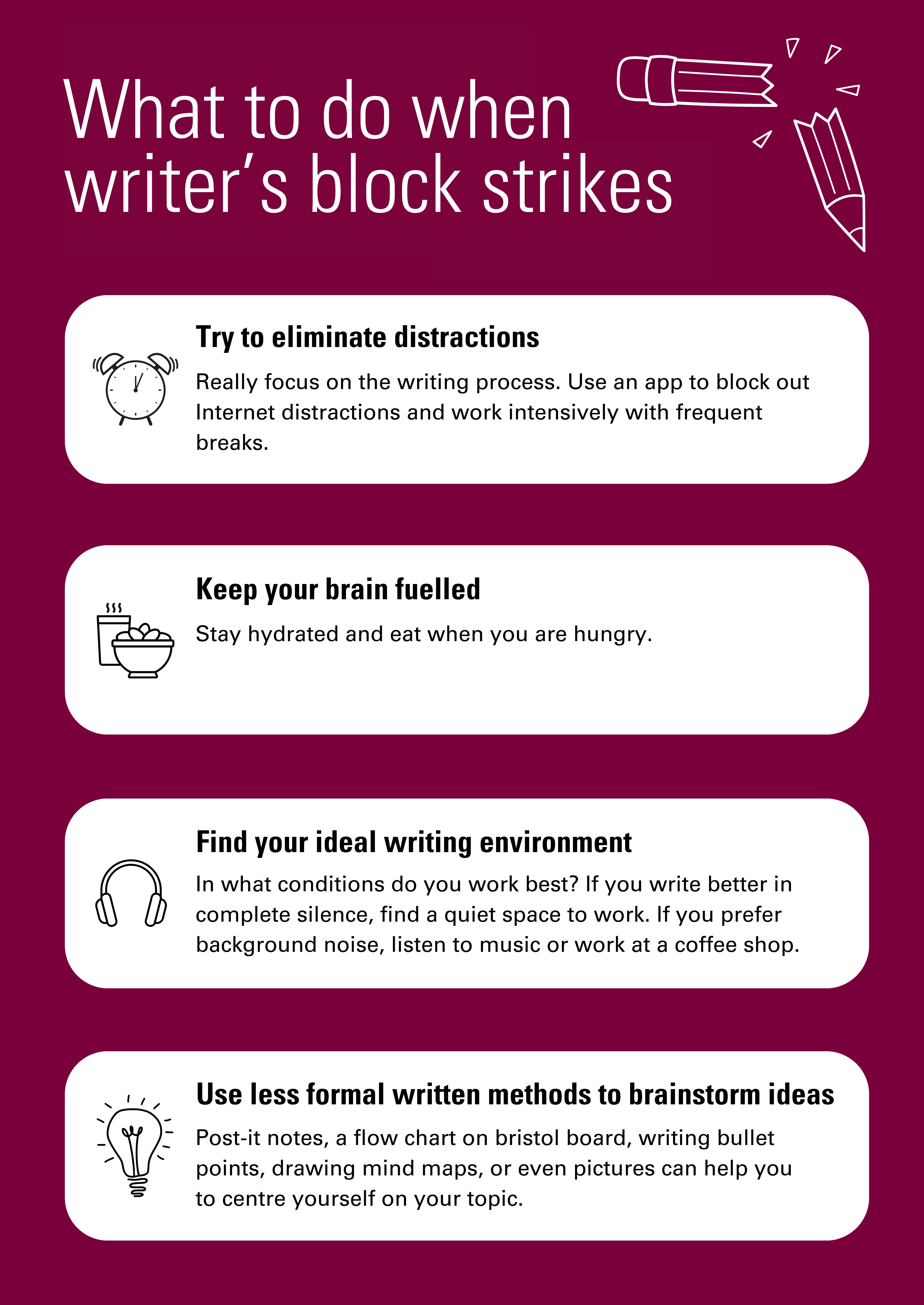 Poster highlighting four suggestions for fighting writer’s block with text description below.