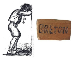 Dessin d’un enfant puni, debout face au mur, avec une plaque en bois portant l’inscription « BRETON » à côté. L’image évoque une ancienne pratique de punition ou de stigmatisation en Bretagne.
