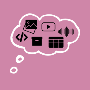 Thought bubble containing photos, code, video, archival work, sound, and spreadsheets.