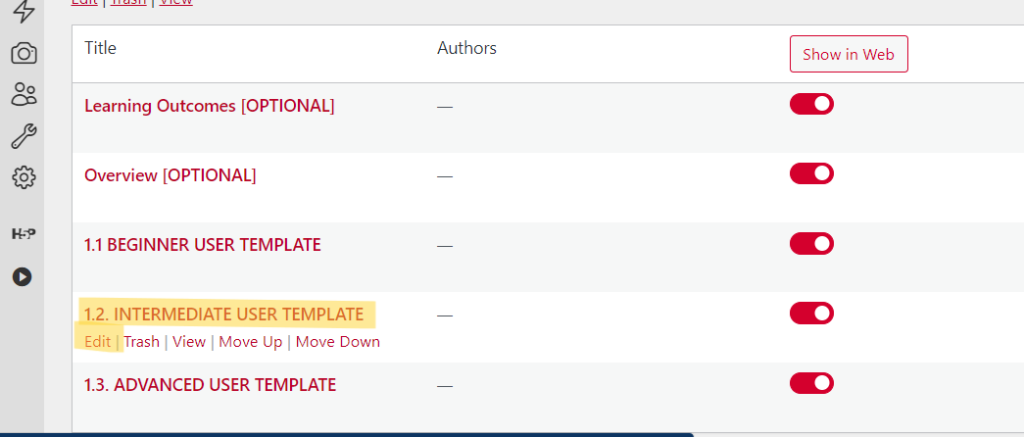 Corresponding to step 1; screenshot depicting drop down menu for editing chapter in "organize" menu of Pressbooks