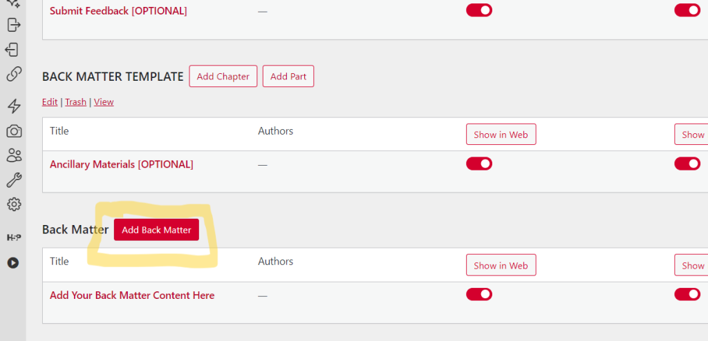 Corresponding to Step 5, pressbooks organization page highlighting "Add Back Matter" button