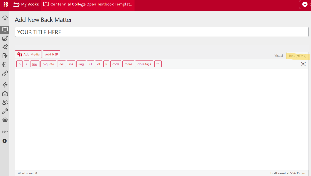 Screenshot of "Add New Back Matter" in Pressbooks editor, corresponding to step 6.