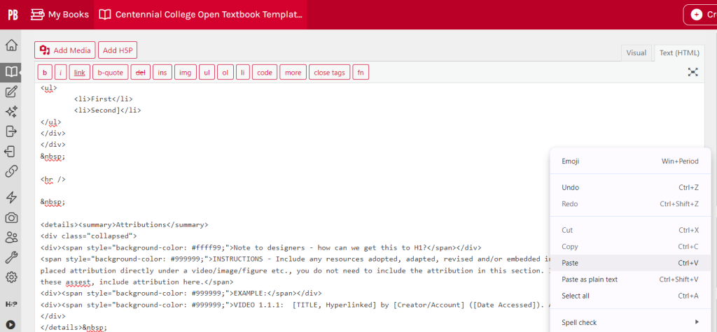 Corresponding to step 7; screenshot depicting pasted HTML code in Pressbooks chapter editor