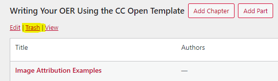 Screenshot depicting where to locate Trash function for book parts in Pressbooks