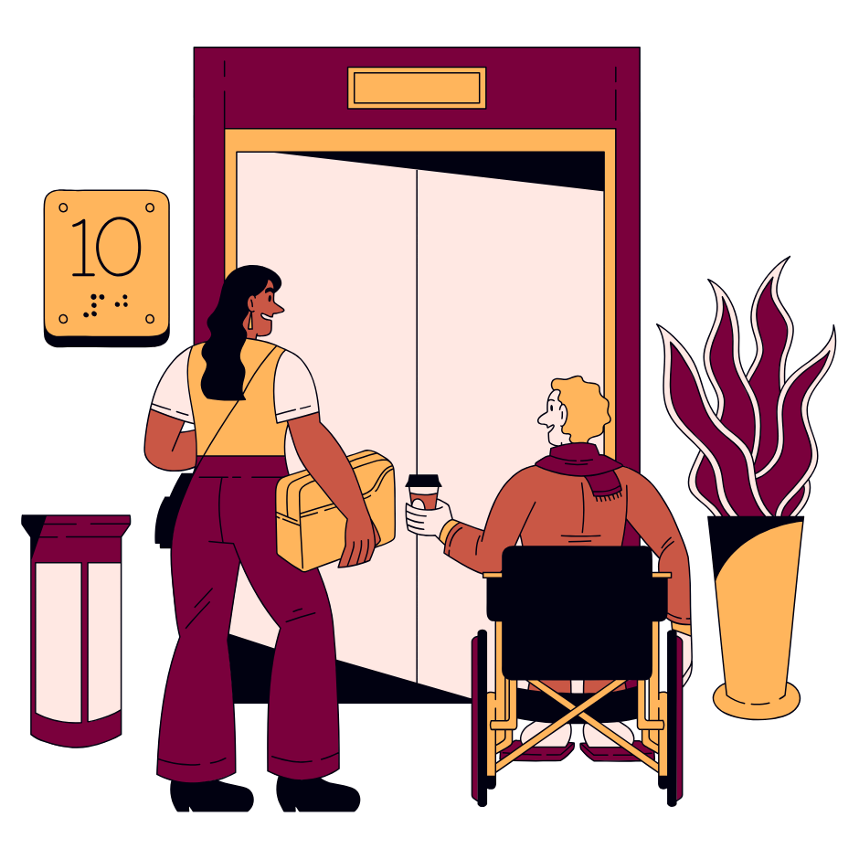 Two people waiting and talking in front of an elevator