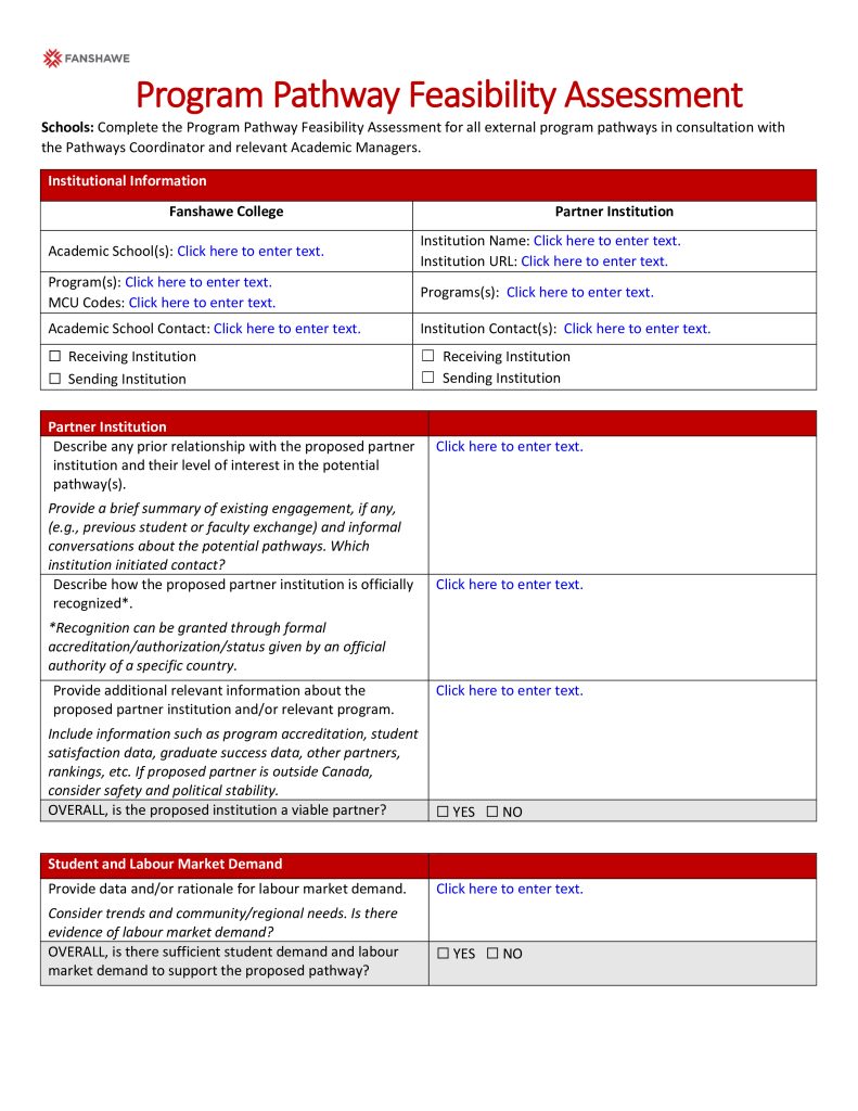 Screen capture of Page 1 of the Fanshawe Program Pathway Feasibility Assessment form as shown in MS Word.