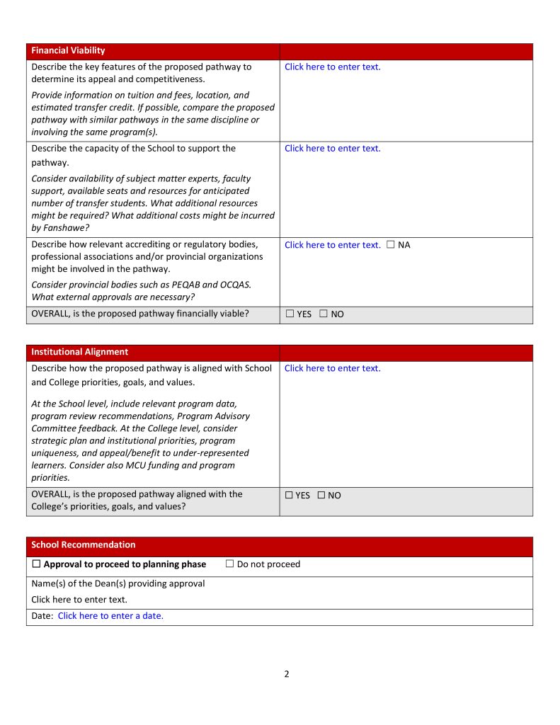 Screen capture of Page 2 of the Fanshawe Program Pathway Feasibility Assessment form as shown in MS Word.