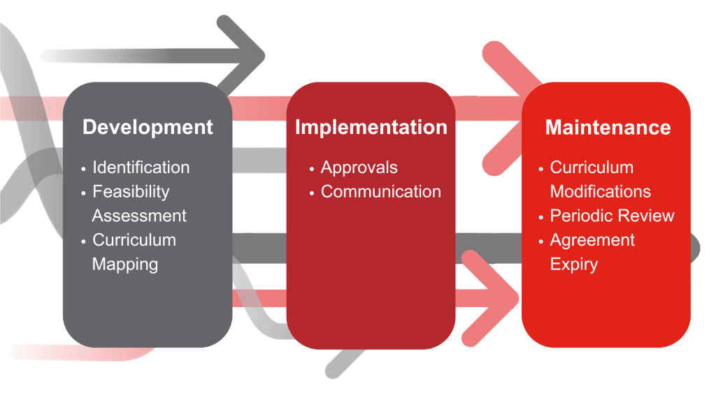 A flow graphic depicting the components of the development, Implementation, and maintenance process.