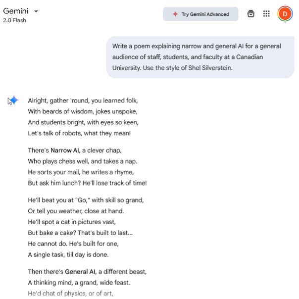 A screenshot of a prompt and response. The prompt asks for a poem to be generated in the style of Shel Silverstein. The response is a multi-line poem. Full text is available in the word document linked below.