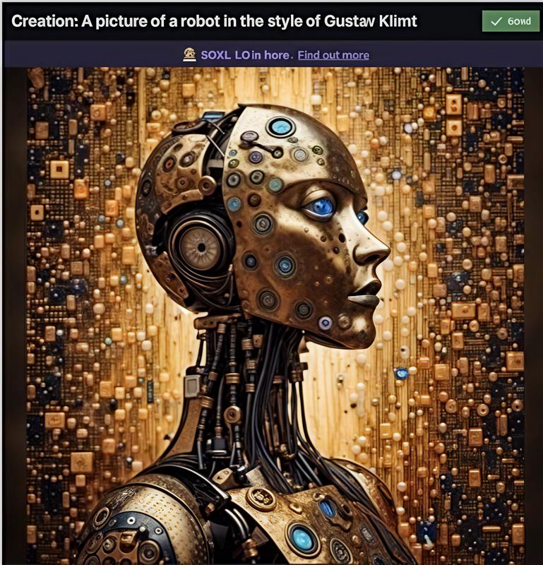 A screenshot of a prompt and response. The prompt reads: “Creative: A picture of a robot in the style of Gustav Klimt”. The image shows a golden humanoid robot with blue jewel coloured lights. The background is a mosaic of square tiles, primarily gold.