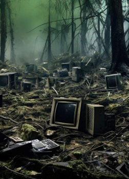A forest filled with technological waste including old computer screens, keyboards and cables.
