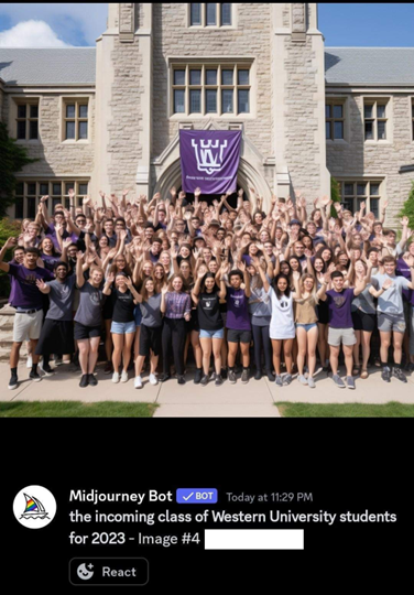 A screenshot of a Midjourney query and response. The prompt reads "the incoming class of Western University students for 2023". The image shows a large crowd of students who visually present as primarily white, slender, young, and able-bodied.