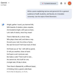 A screenshot of a prompt and response. The prompt asks for a poem to be generated in the style of Shel Silverstein. The response is a multi-line poem. Full text is available in the word document linked below.
