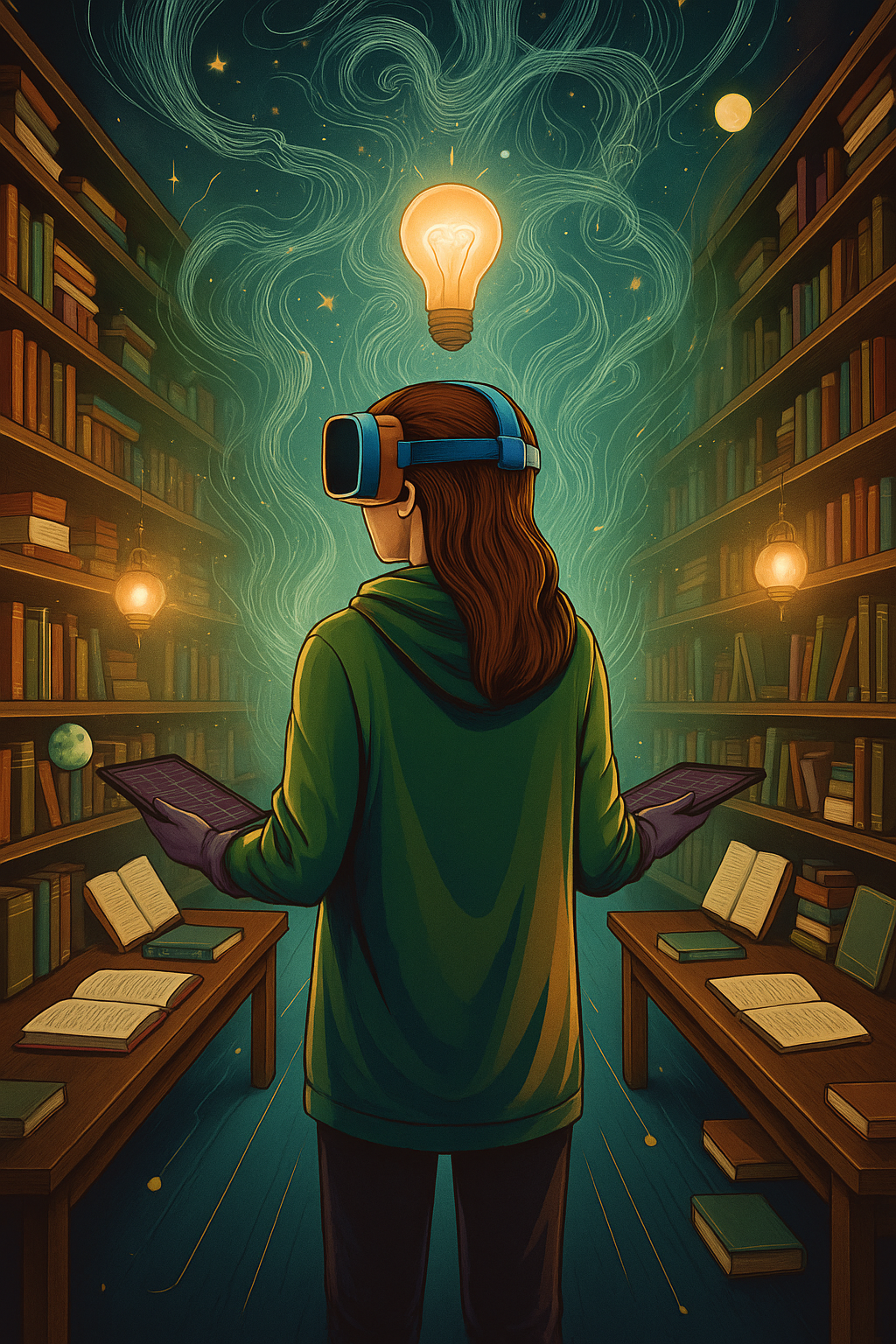 A person with long hair wearing futuristic glasses and a long green hoodie. They are standing in the middle of a room lined with bookshelves. There is a light bulb above their head.