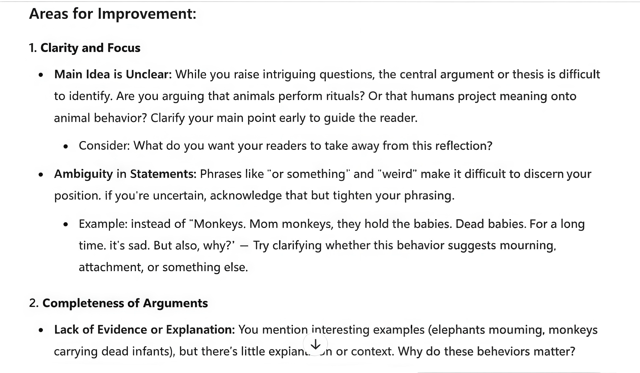 An AI Generated response showing Areas for Improvement, including clarity and focus and completeness of arguments.