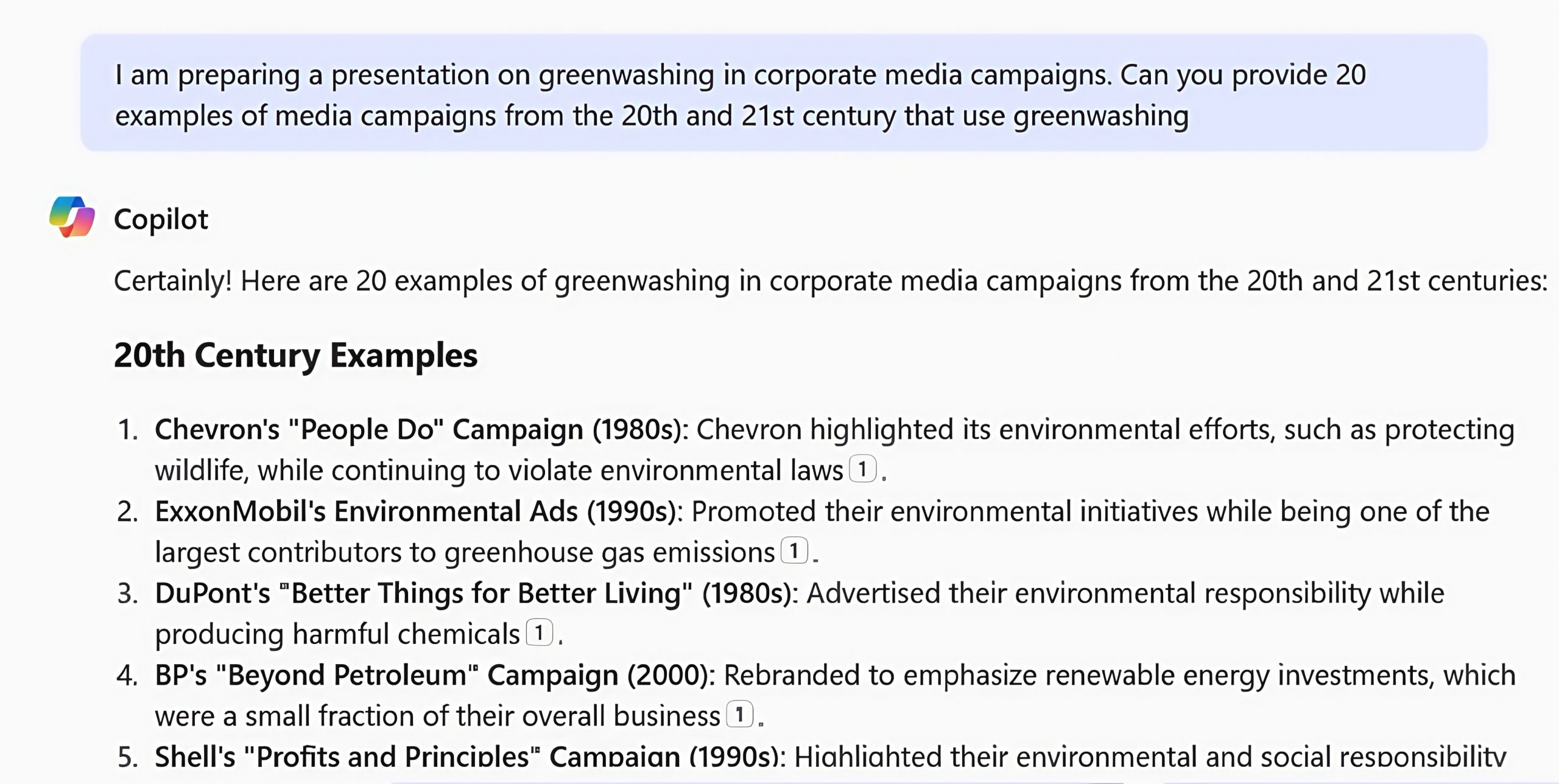 A screenshot of a conversation with CoPilot. The prompt asks for help finding examples of media campaigns that show greenwashing. The response shows examples from the 20th century, including Chevron, ExxonMobil, DuPont.
