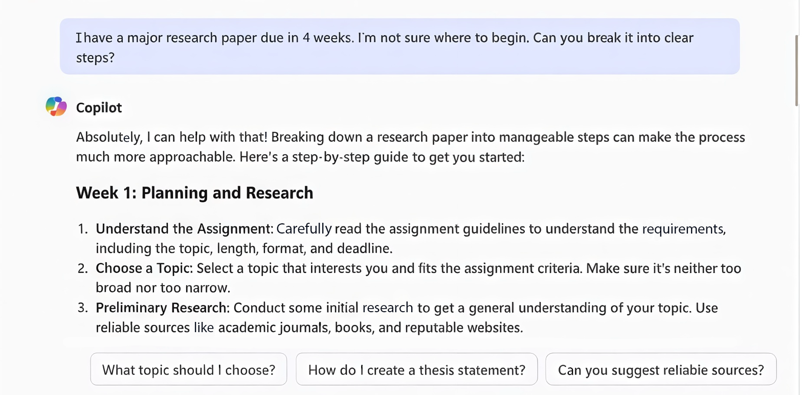 A screenshot of a conversation with CoPilot. The prompt asks for help by breaking down a research paper into clear steps. The response shows the first step of Planning and Research.