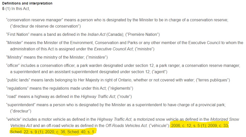 Screenshot of s 5 of the Provincial Parks and Conservation reserves act, showing highlights on predecessor section information.