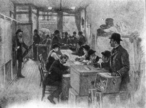 A New York polling place circa 1900 with voting booths on left and officials on right.