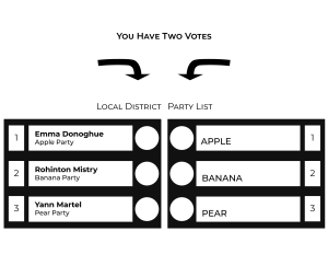 A ballot with names on 1 side and parties on the other.