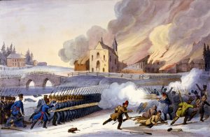 Artist rendering of soldiers dispersing insurgents in front of a burning building.