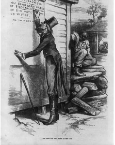 White man writing on wall, "Eddikashun qualifukashun. The Blak man orter be eddikated afore he kin vote with us Wites, signed Mr. Solid South."