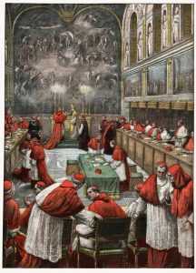 A painting of a conclave of cardinals in the Sistine Chapel