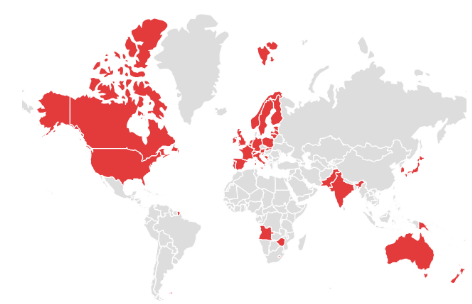 countries include Canada, US, UK, France, Australia, Angola, Zimbabwe, India, Pakistan, Japan, South Korea among others