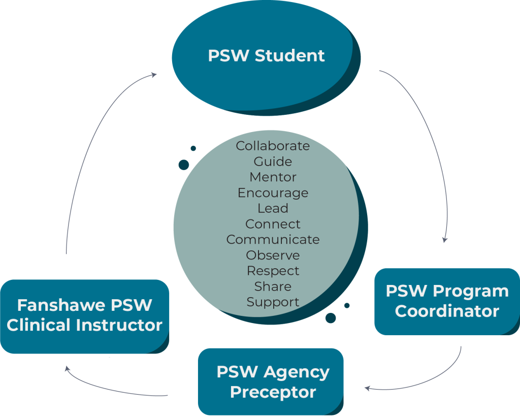 A diagram detailing the relationship structure between PSW students, advisors, and preceptors/mentors.