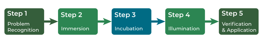 problem recognition, immersion, incubation, illumination, verification and application.