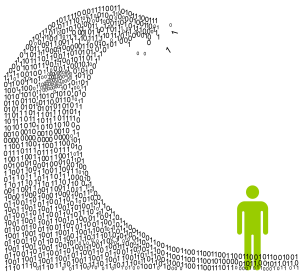 A person facing a wave of data.