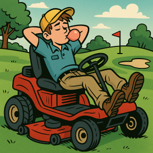 Caricature of a golf employee resting on a lawn tractor slacking.
