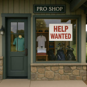 Pro shop with a help wanted sign in the window.