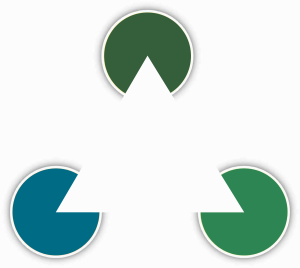 3 circles with a triangle taken out of each, creating the appearance of one larger circle.