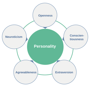 Openness, conscientiousness, extraversion, agreeableness, neuroticism, are factors in personality.
