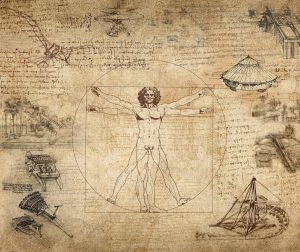 A collage of ancient inventions surrounding by a sketch of Leonard Da Vinci's Vitruvian Man