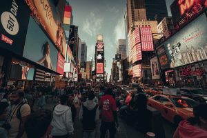 Image of Time Square in New York City displaying advertising on buildings.
