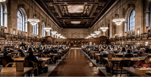 A wide shot of the General Research Division in the New York Public Library's Stephen A. Schwarzman Building. Large lamps hang from an ornate ceiling and library attendees work at rows of tables backed by bookshelves.