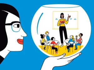 Cartoon image of person watching a teacher give a lesson to students