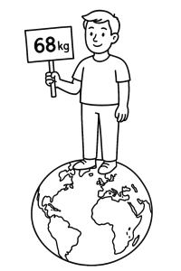 Illustration of a boy standing on the world holding a sign that says 68 kg.