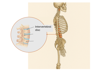 Side view of a human skeleton with a magnified section highlighting the intervertebral discs between vertebrae in the spine.