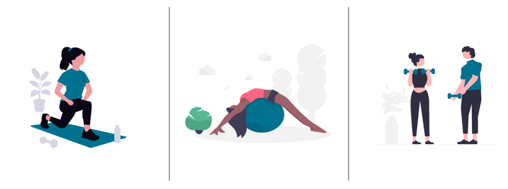 A split of 3 different types of workout focuses (lower, flexibility and upper strength training)