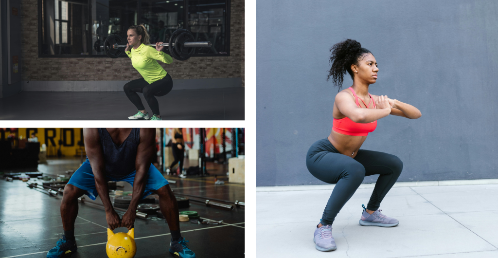 A collage of 3 types of squats with and without equipment.