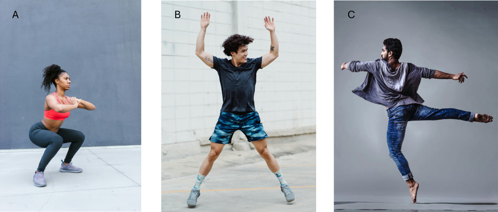 A person doing squats, a person doing jumping jacks and a person doing a pirouette spin.