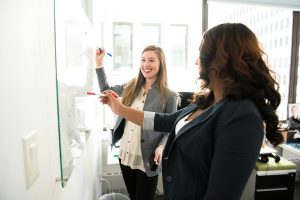 HR colleagues collaborating at a whiteboard.