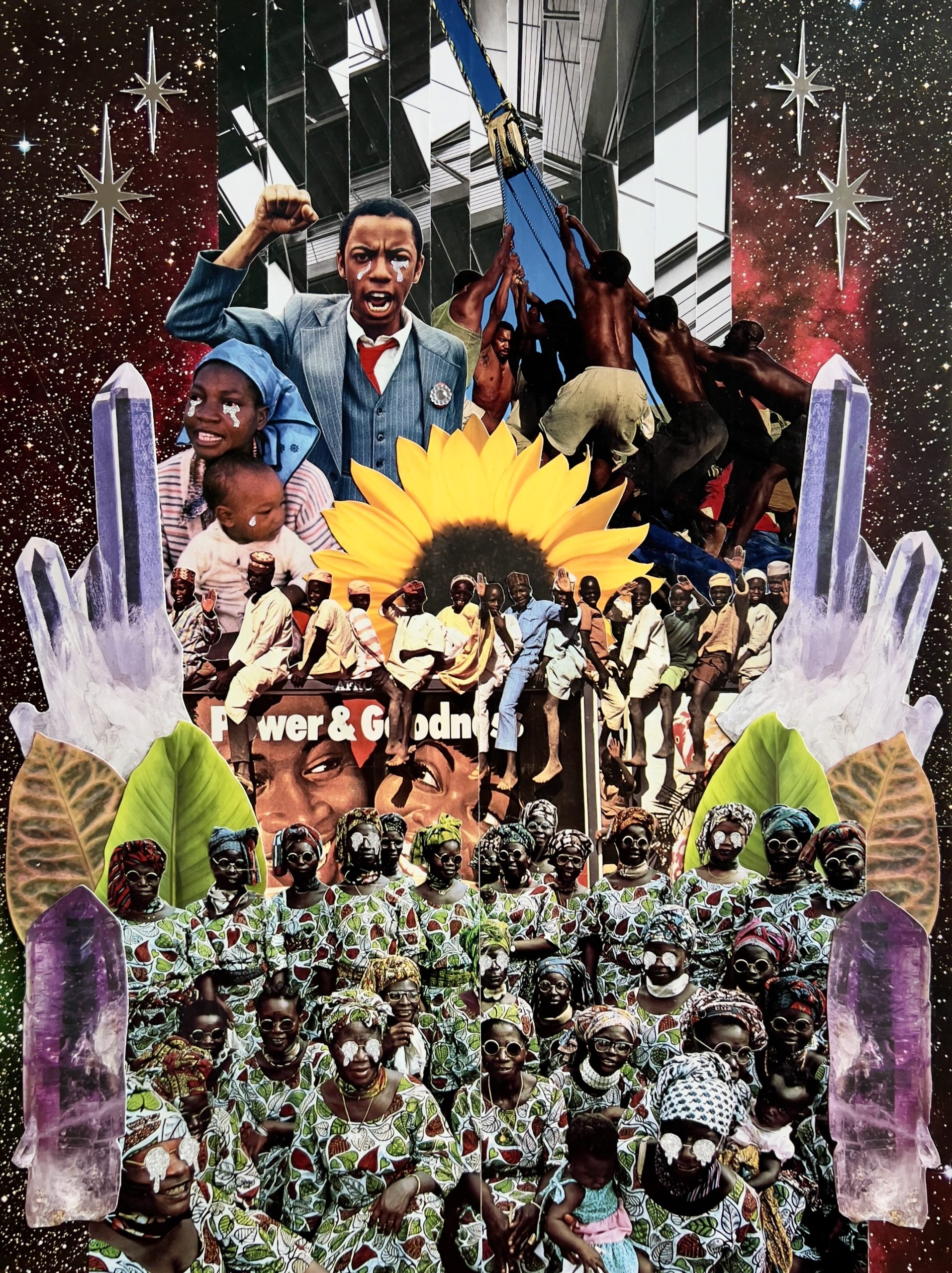 This illustrates shows a multitude of Black individuals together in various ways and aspects with background words "Power and Goodness."