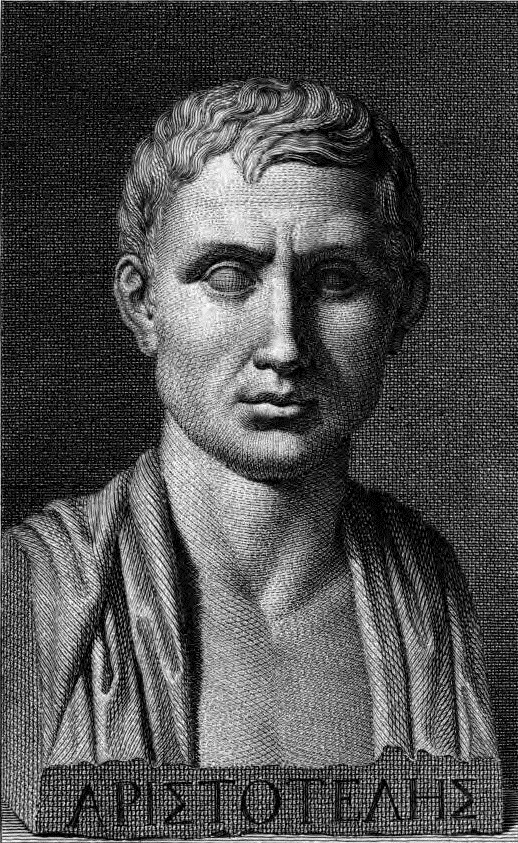 An engraving of a bust of Aristotle.